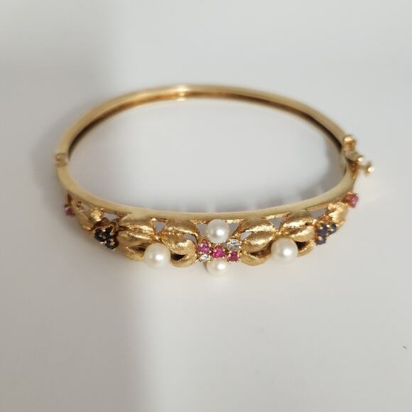 Antique 14k Yellow Gold Diamond,Pearls,Ruby &Sapphire Bangle Bracelets - Picture 11 of 16